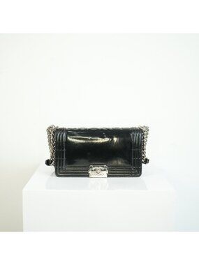 Chanel Black Patent Leather Boy Bag Silver Hardware